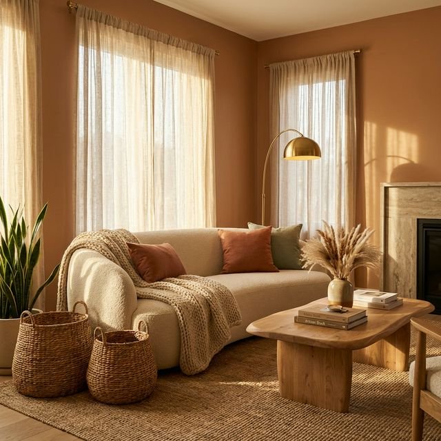 A warm, inviting modern living room showcasing 2026 home decor trends with earthy tones, textured throws, and ambient lighting
