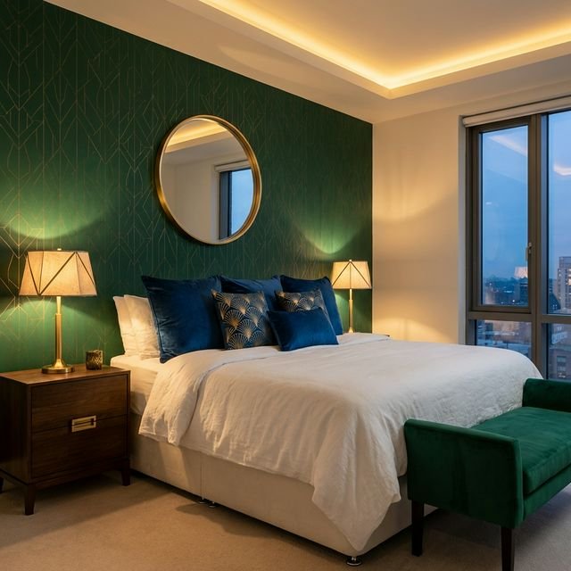 A luxurious Neo Deco bedroom with emerald green accents, gold hardware, and geometric patterns