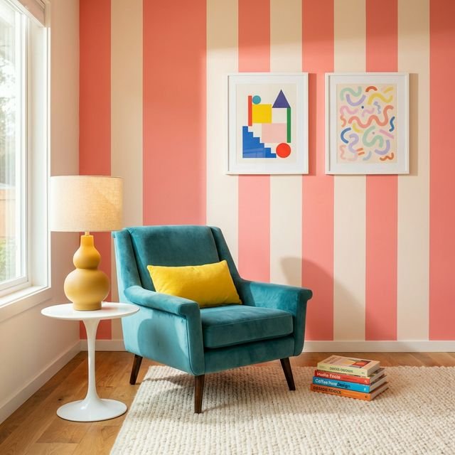 A playful maximalist living room corner with bold stripes, colorful accents, and sculptural shapes