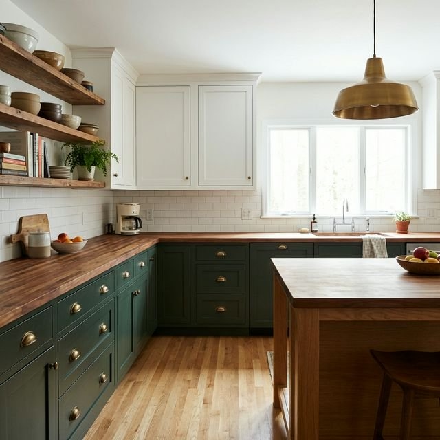 Modern kitchen with dark green lower cabinets and brass hardware showing the bold kitchen trend