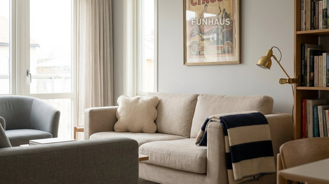 Photorealistic interior photo of subtle FunHaus touches in a modern neutral living room.