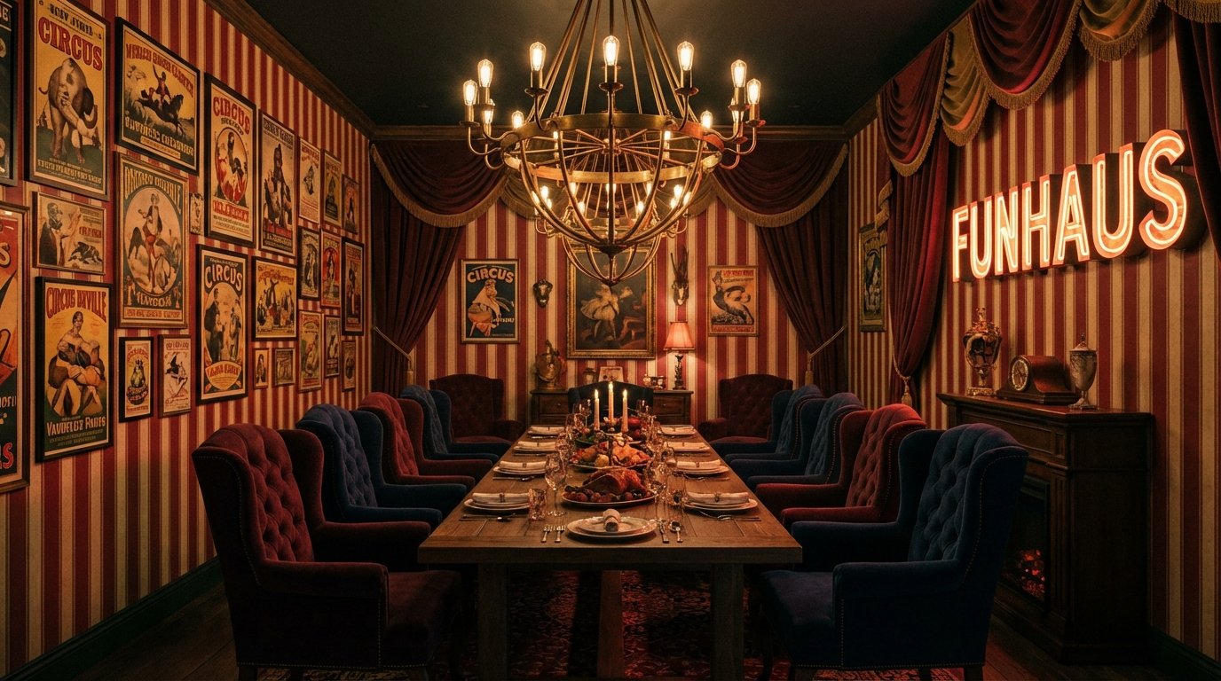 Photorealistic interior photo of a full-commitment FunHaus dining room.
