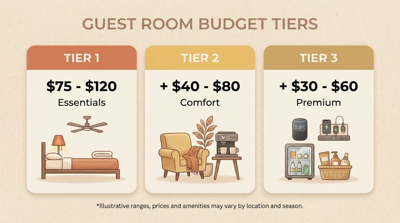 Guest room budget tiers infographic showing three levels of setup