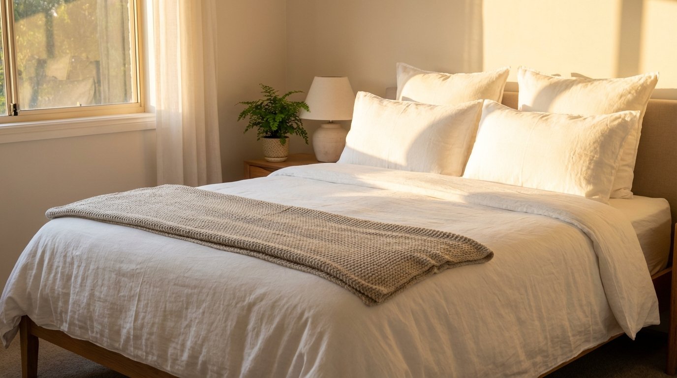 Guest bed with crisp white sheets, four pillows, and folded blanket