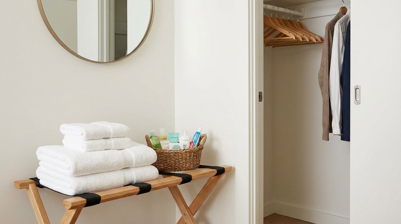 Guest room essentials corner with luggage rack, towels, and toiletries basket