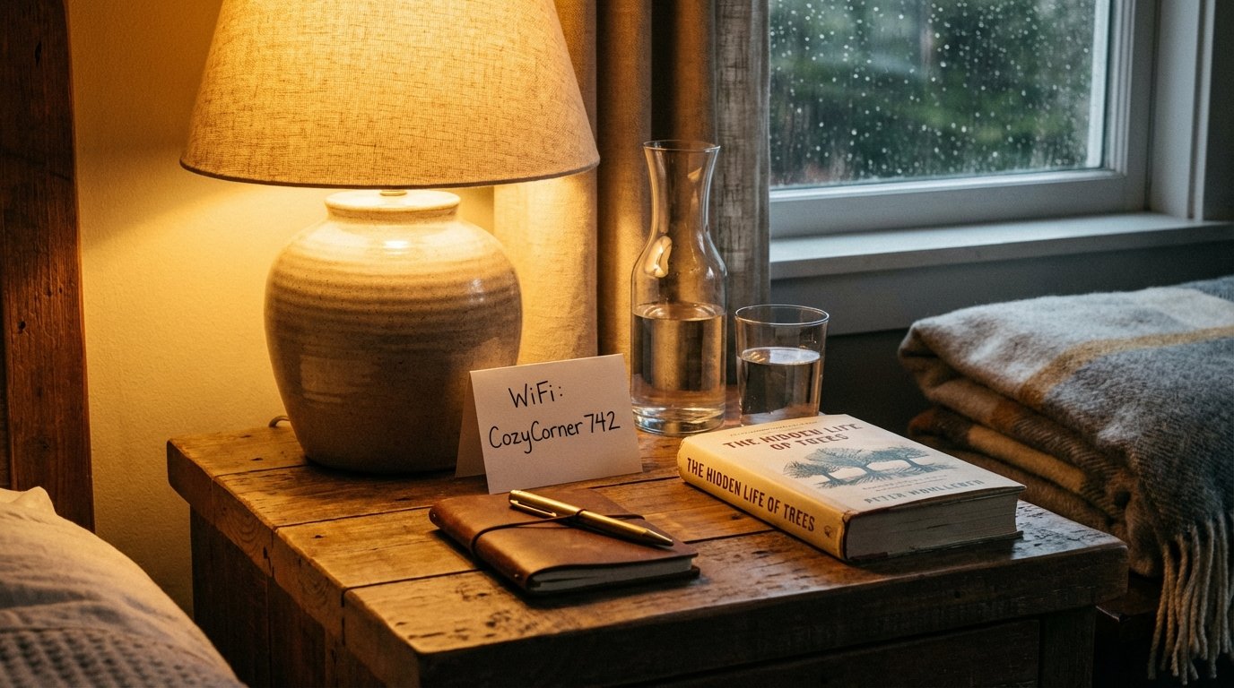 Guest room nightstand with water carafe, lamp, WiFi card, and notepad