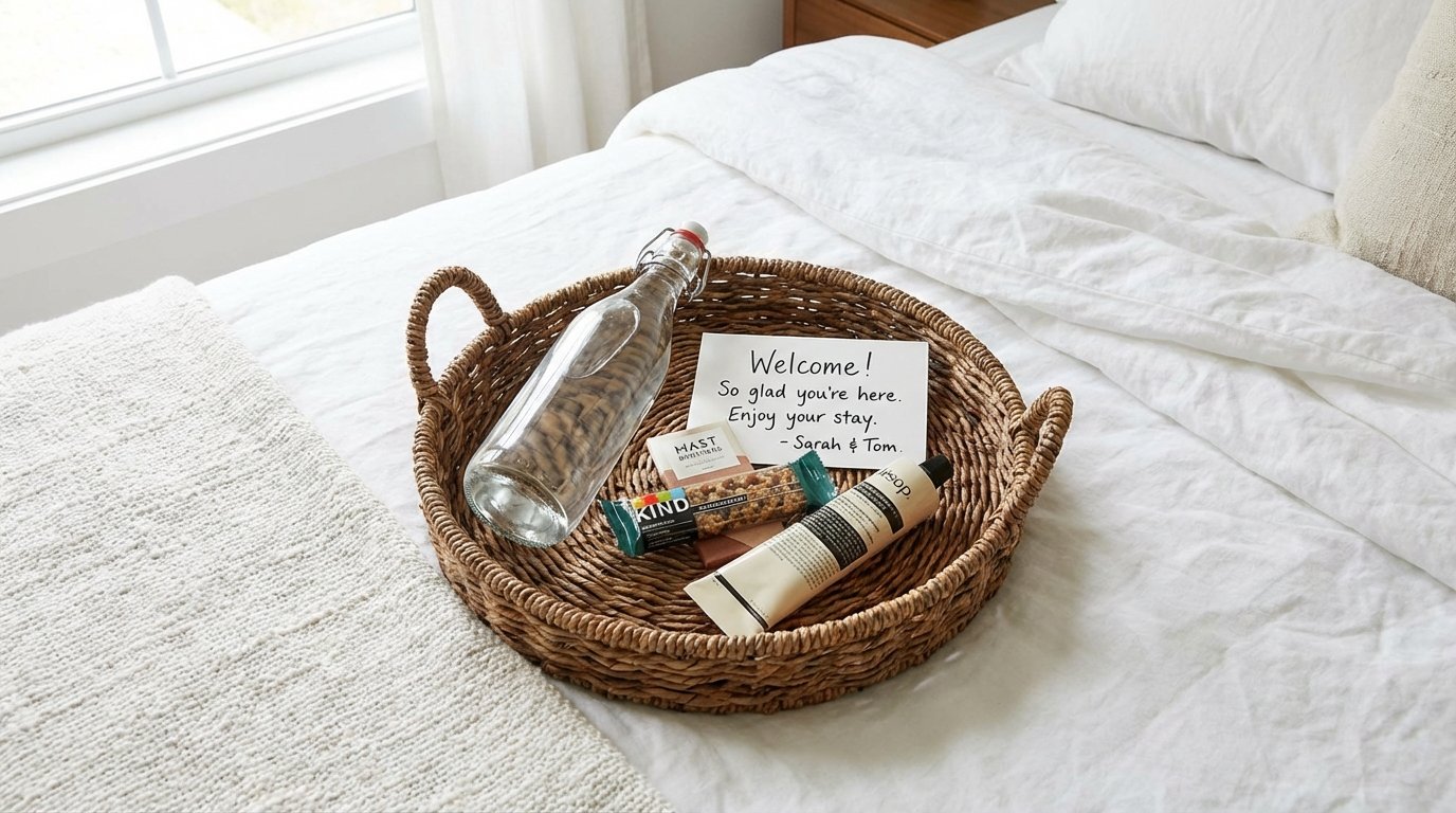 Welcome tray with water, snacks, chocolate, and handwritten card on white bedding