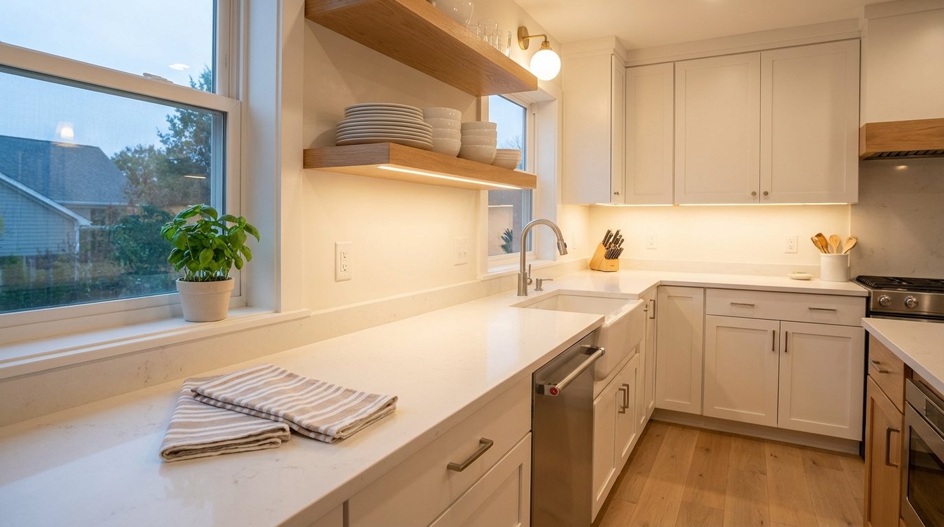 Photorealistic interior photo of a bright, refreshed kitchen.