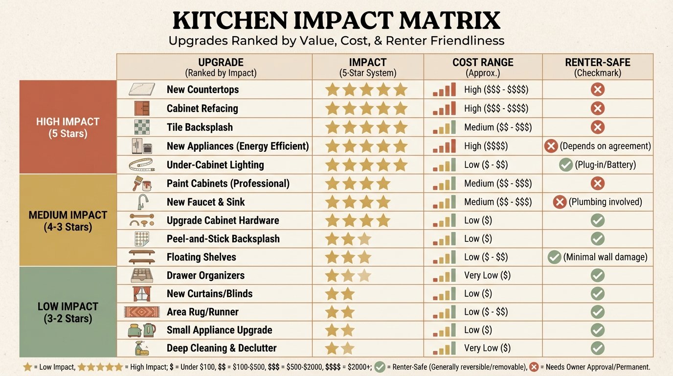 Infographic: Kitchen Impact Matrix β visual table showing 15 kitchen upgrades ranked by impact (5-star system), with
