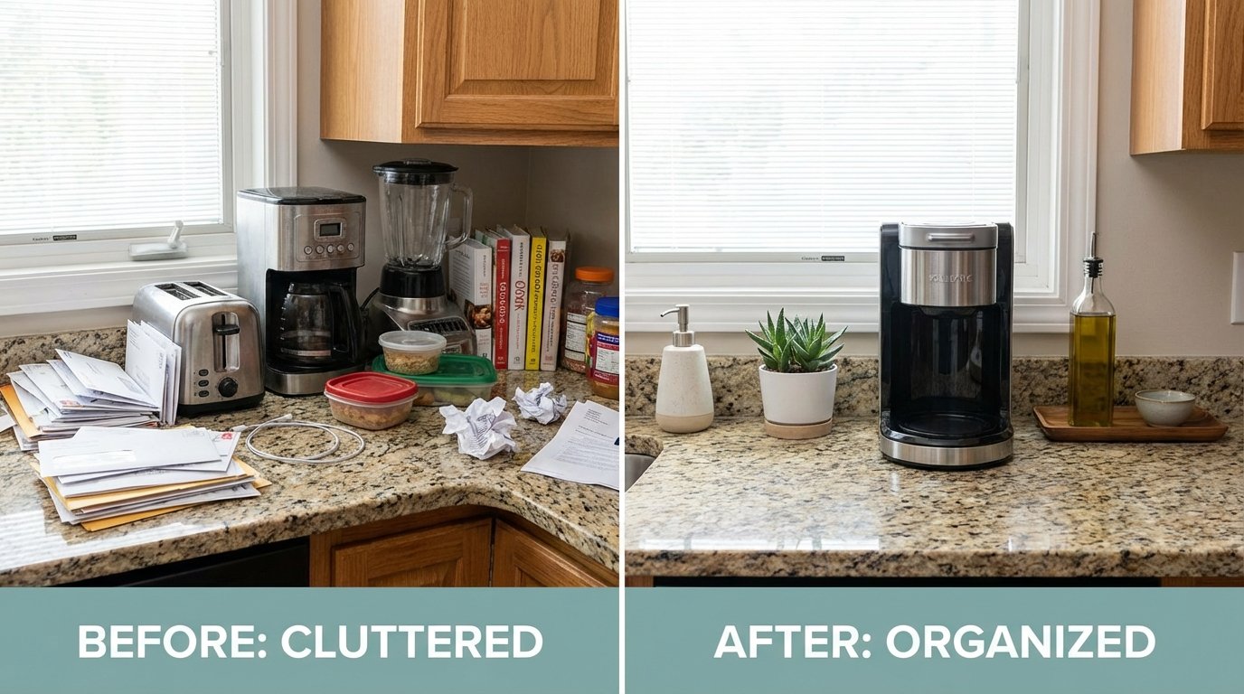 Before/after kitchen counter comparison.