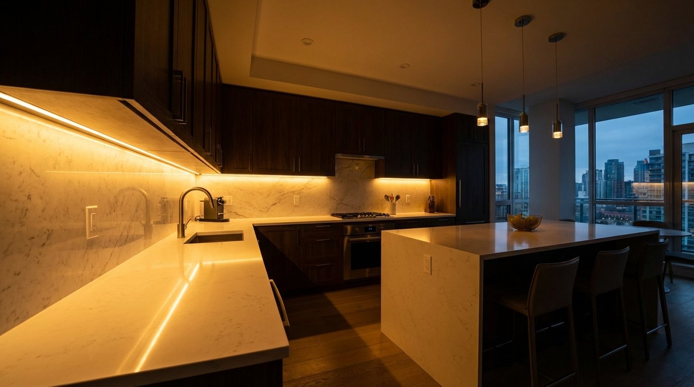 Photorealistic interior: kitchen with warm under-cabinet LED lighting illuminating white countertops.