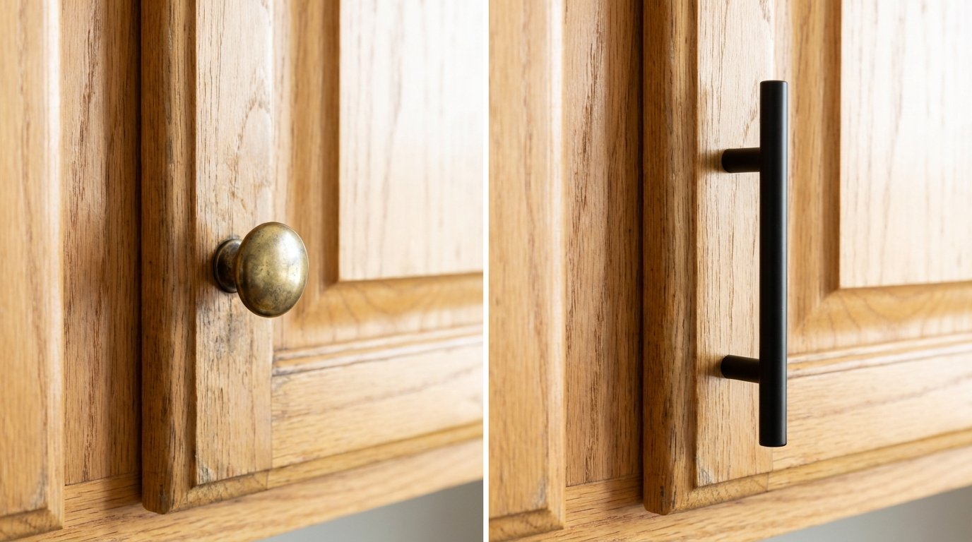 Close-up comparison: cabinet hardware swap.