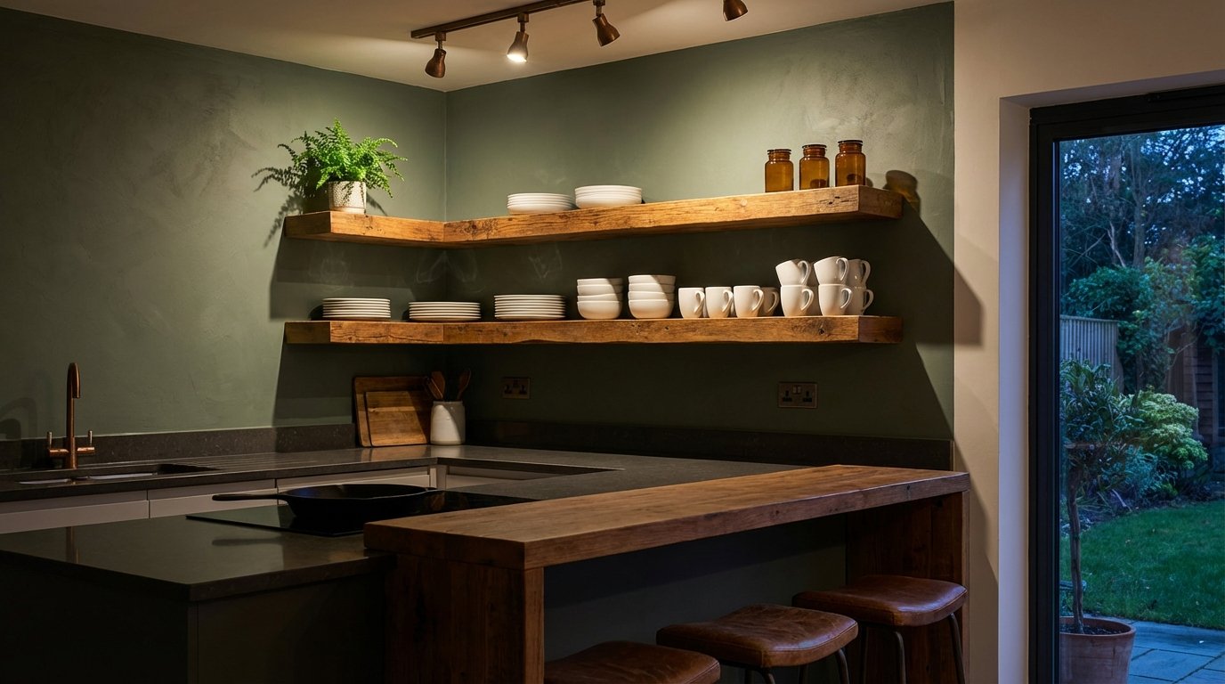 Photorealistic interior: kitchen with deep green (sage/forest) accent wall behind open shelving.