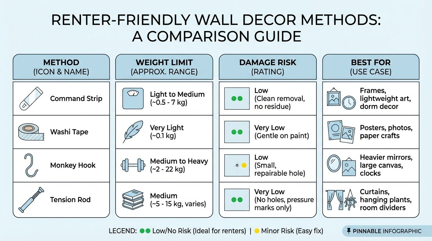 Infographic: Renter Wall Decor Method Comparison — visual table showing methods with icons (Command strip, washi tape,