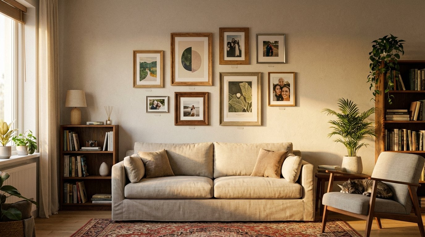 Photorealistic interior: Command strip gallery wall in a living room — 6-8 frames of various sizes arranged artfully, mix of art prints and photos.