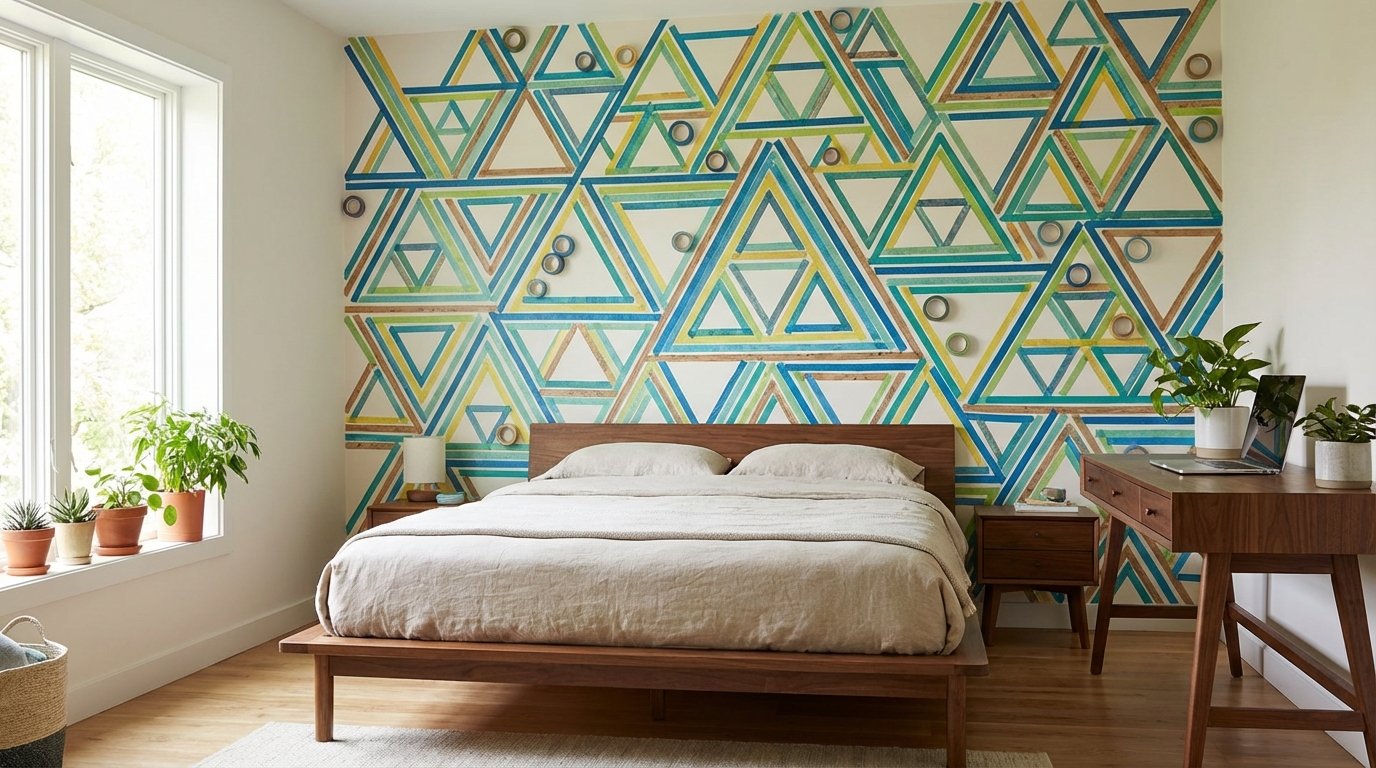 Photorealistic interior: washi tape geometric accent wall — clean triangles or lines creating a modern pattern behind a desk or bed.