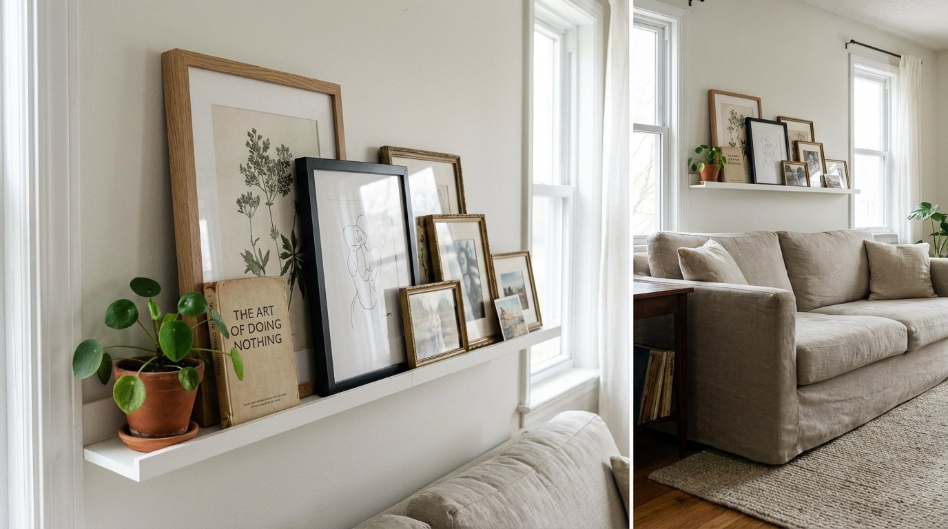 Photorealistic interior: picture ledge gallery — IKEA-style ledge with layered frames, small plant, one book.