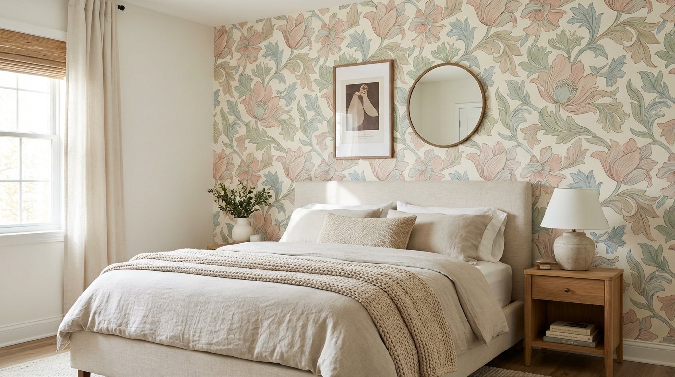 Photorealistic interior: peel-and-stick wallpaper accent wall behind bed — bold floral or geometric pattern in soft colors.