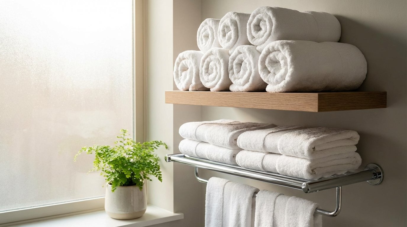 Photorealistic interior: beautiful bathroom towel display β white rolled towels on a shelf, some folded on a towel rack, hotel-style arrangement.