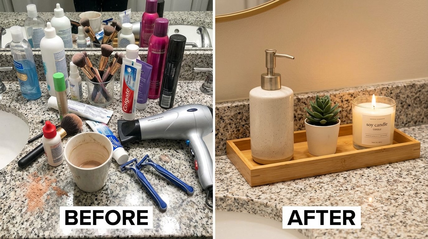 Before/after bathroom counter comparison.