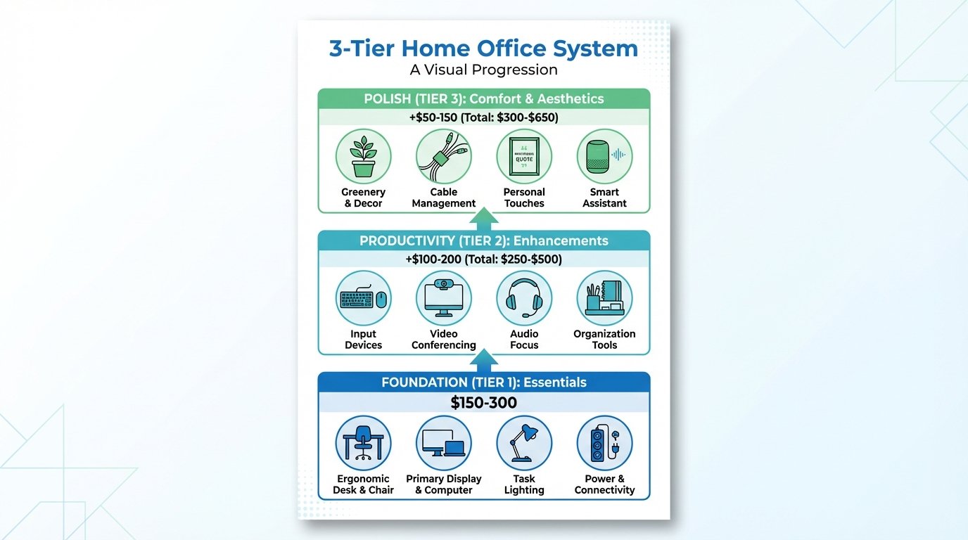 Infographic: 3-Tier Home Office System — visual progression showing Foundation ($150-300), Productivity (+$100-200),