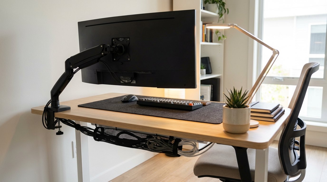 Photorealistic interior: clean desk setup with monitor on arm, keyboard and mouse, cable management visible underneath, desk lamp, small plant.