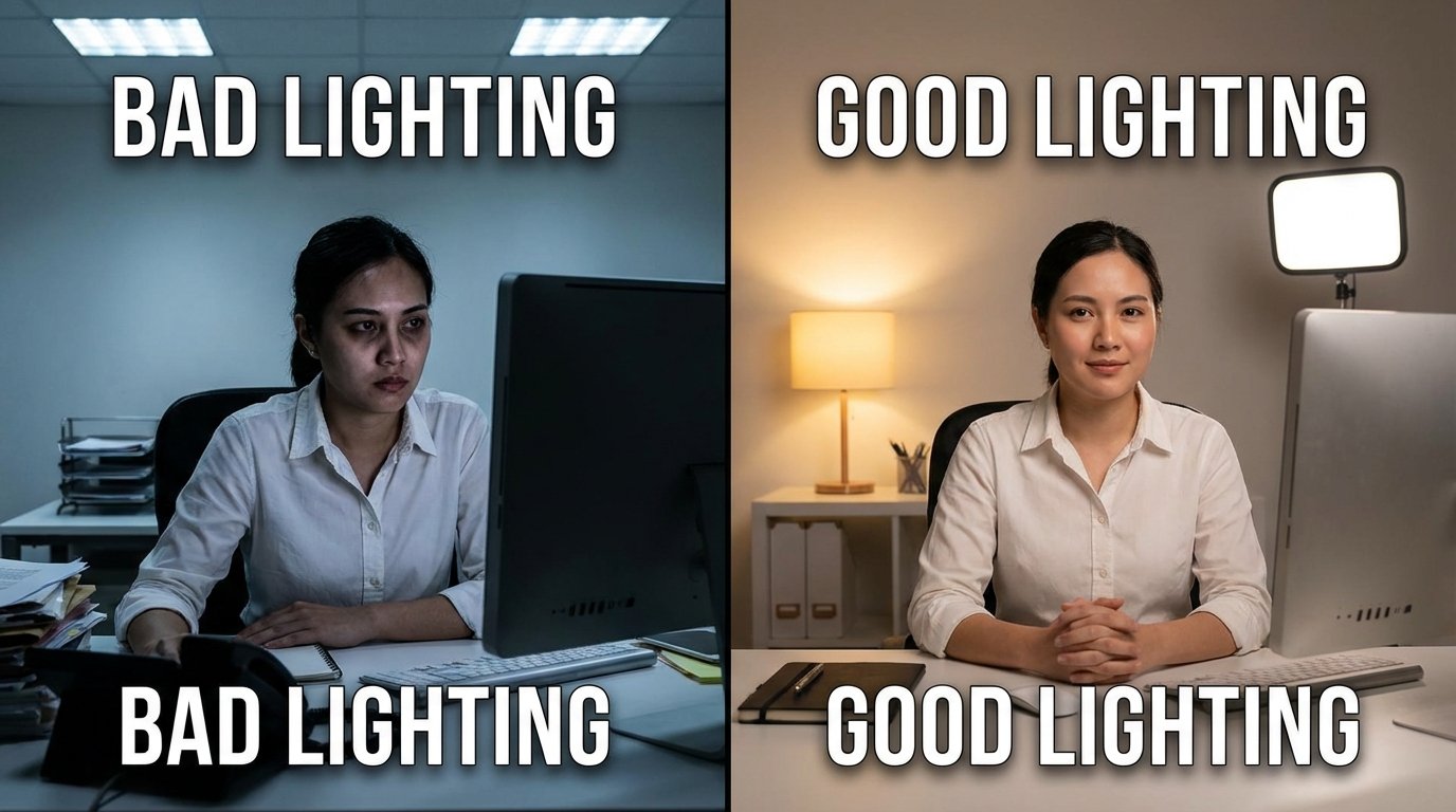 Split comparison image: Good vs Bad desk lighting.