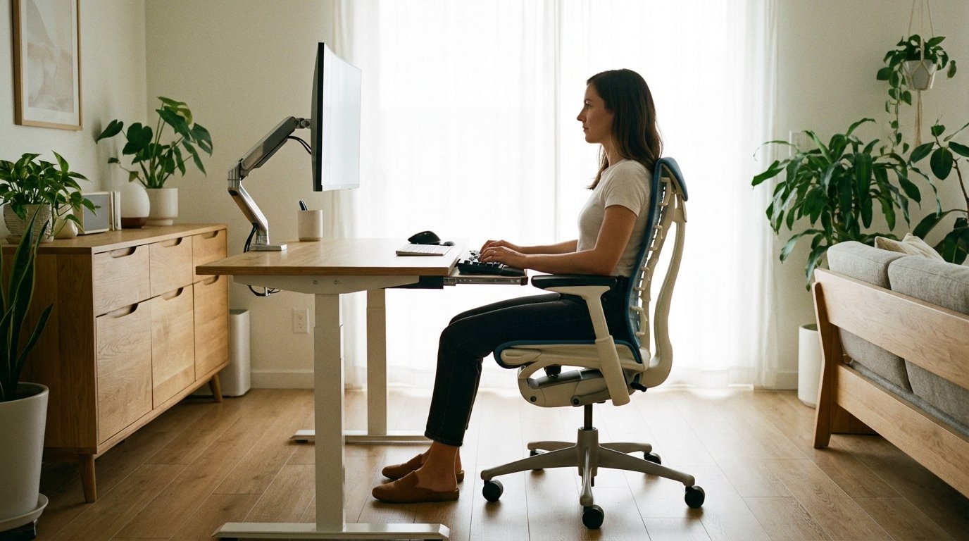 Photorealistic interior: ergonomic setup with monitor arm — monitor at eye level, keyboard at proper height, chair with good posture position.