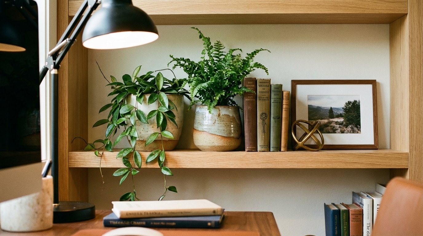 Home office shelf vignette behind desk — 2 plants in ceramic pots, stack of books, framed photo, small decorative object.
