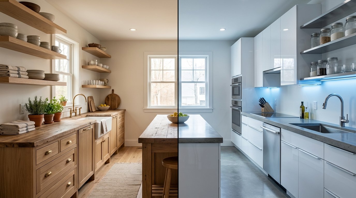 Photorealistic split kitchen render.