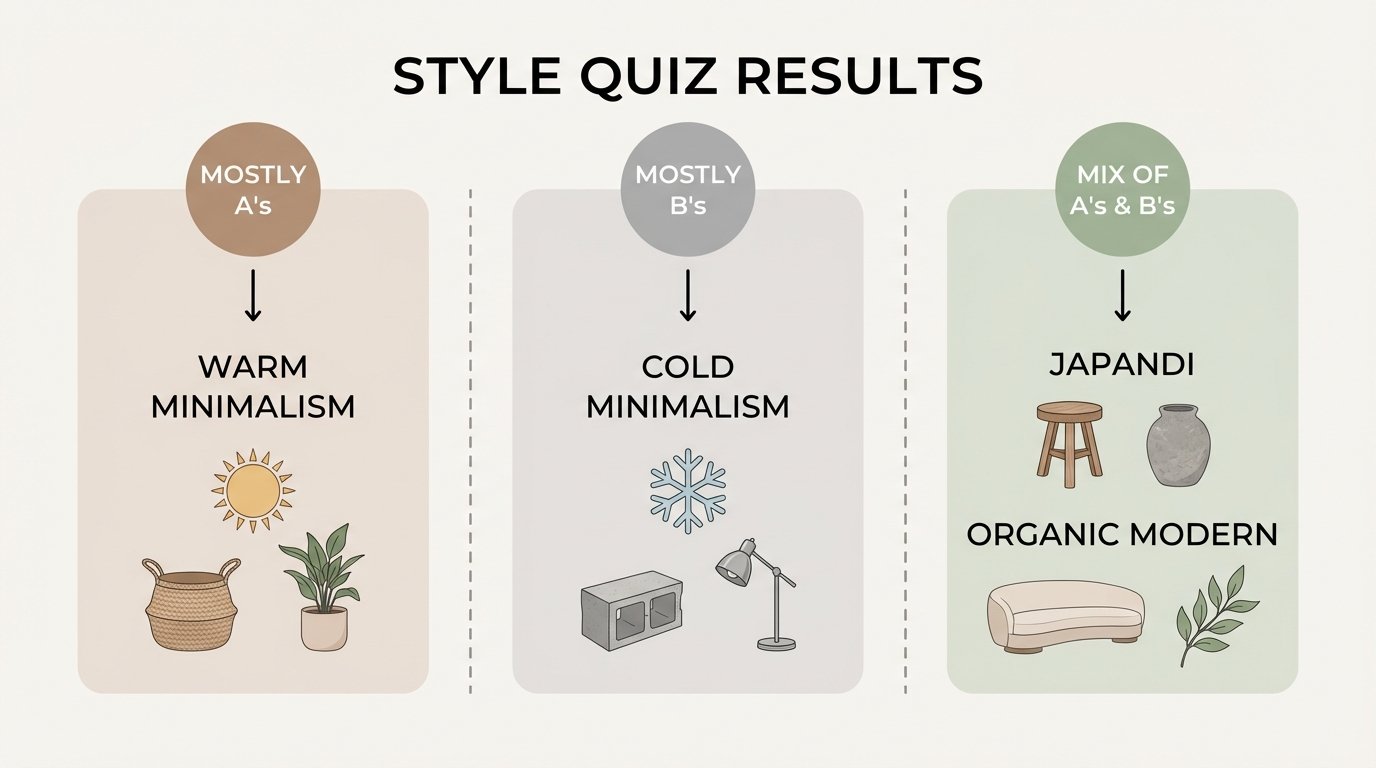 Infographic: Style Quiz Results — showing 'Mostly A's = Warm Minimalism' with icons, 'Mostly B's = Cold Minimalism'