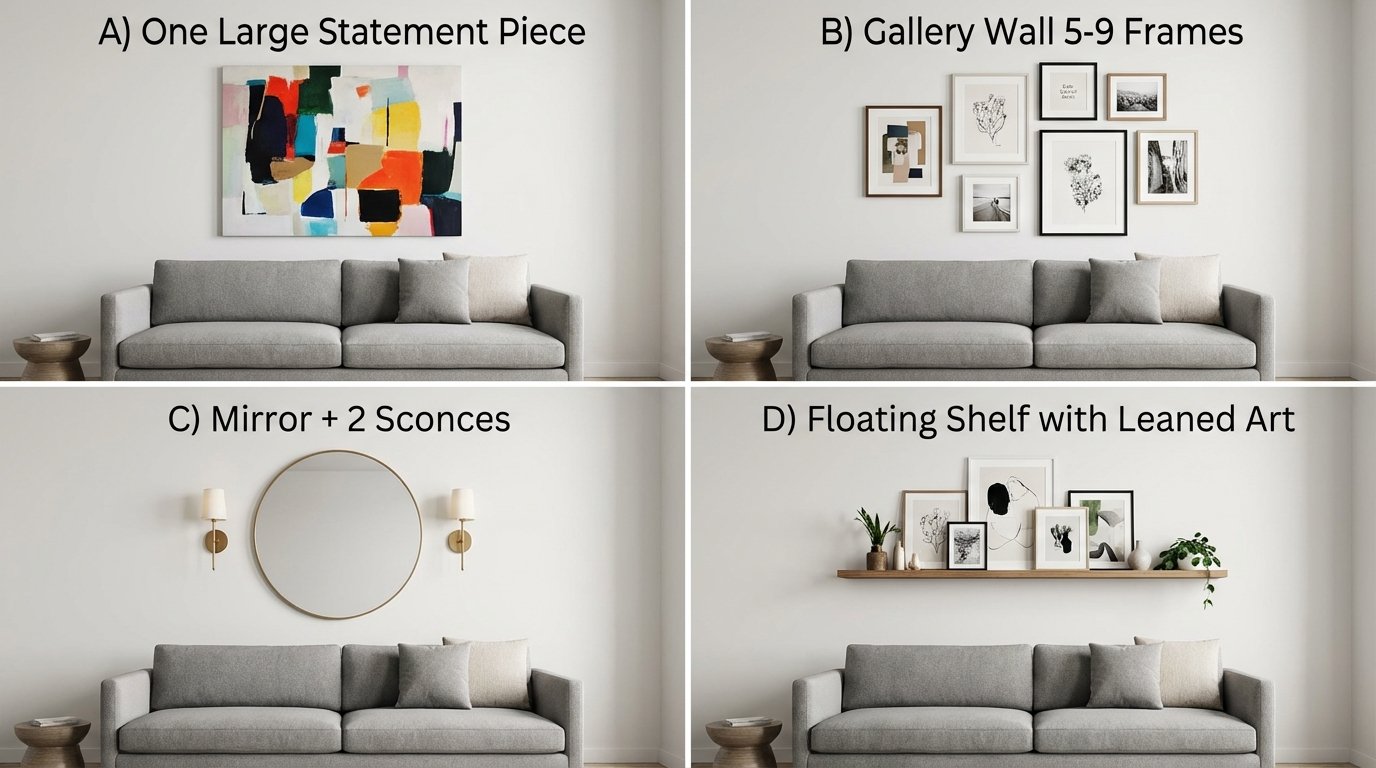4-panel grid showing 'Above the Sofa' options: A) One large statement piece, B) Gallery wall 5-9 frames, C) Mirror + 2