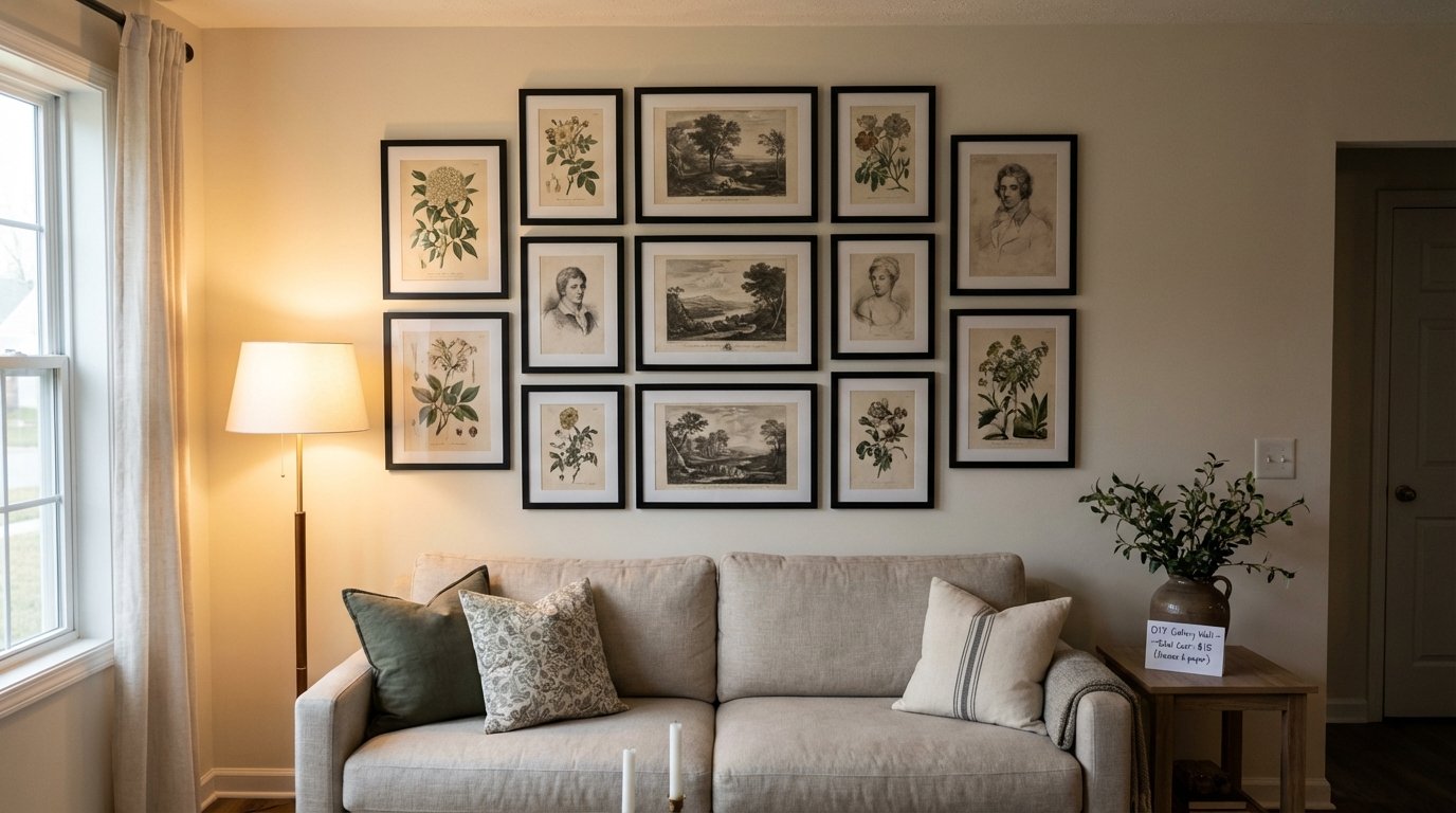 Photorealistic interior: free printable art gallery wall — mix of museum prints (botanical, landscape, portrait) in matching black frames.