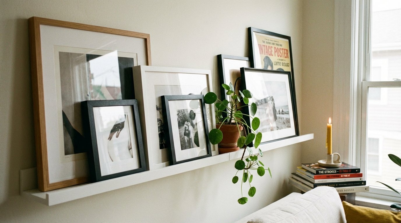 Photorealistic interior: floating shelf gallery — IKEA-style picture ledge with leaned art, small plant, books, candle.