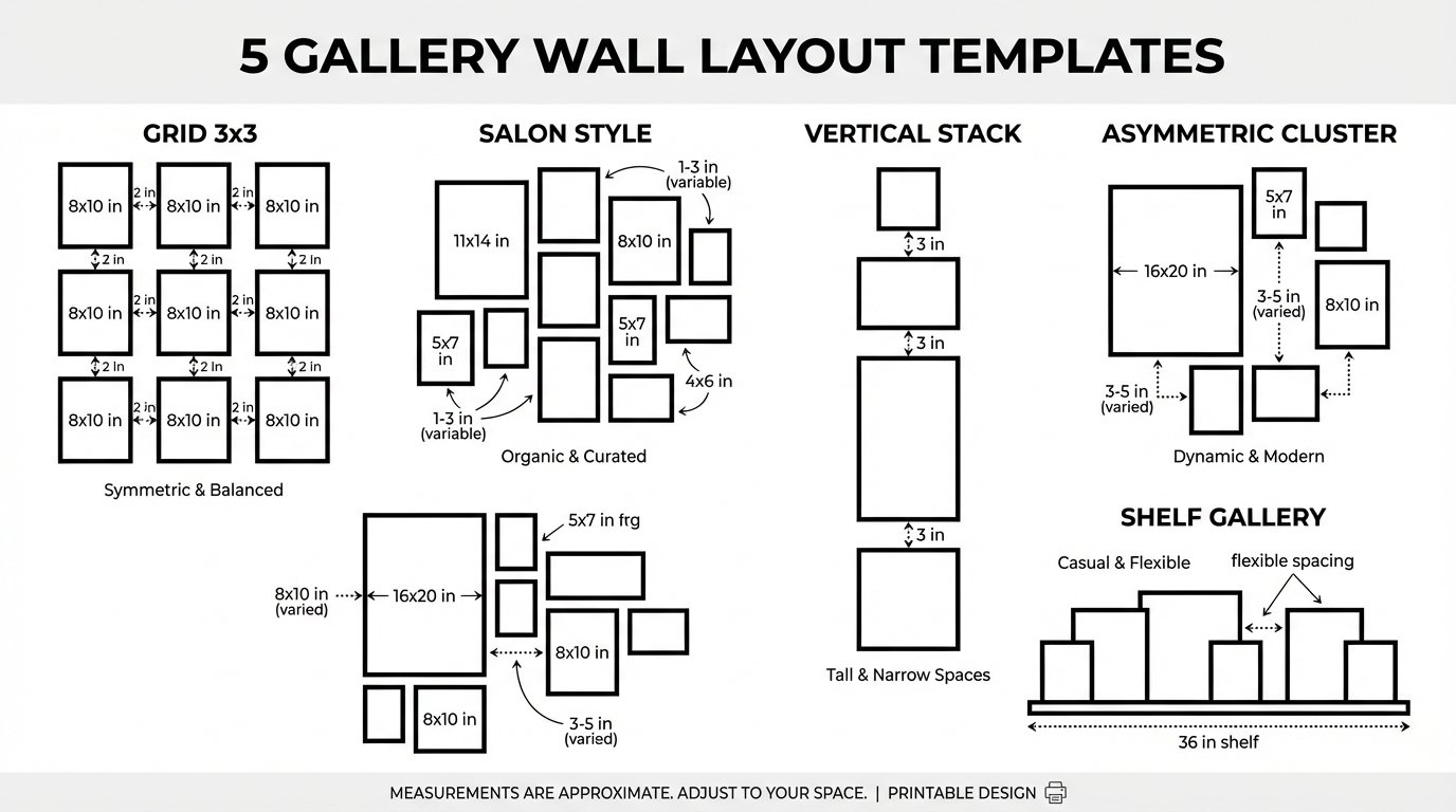 Infographic: 5 Gallery Wall Layout Templates — Grid 3x3, Salon Style, Vertical Stack, Asymmetric Cluster, Shelf Gallery.