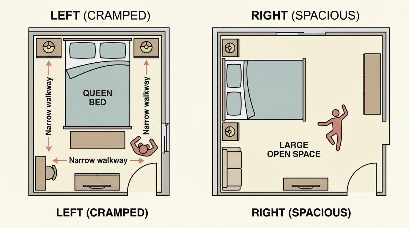 Bird's-eye floor plan diagram comparing two layouts: LEFT — centered bed with two narrow walkways (cramped), RIGHT —