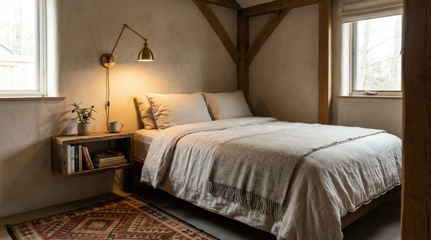 Photorealistic interior — corner queen layout.