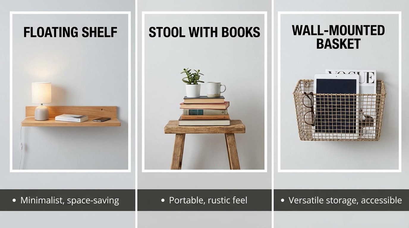3-panel comparison — nightstand alternatives: floating shelf, stool with books, wall-mounted basket.