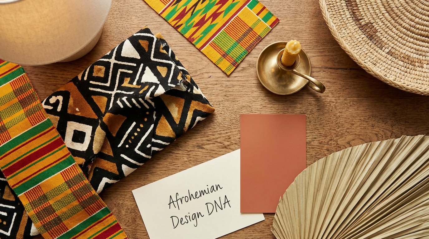 Editorial flat-lay: Afrohemian design DNA — mudcloth fabric swatch, kente cloth sample, woven basket piece, brass
