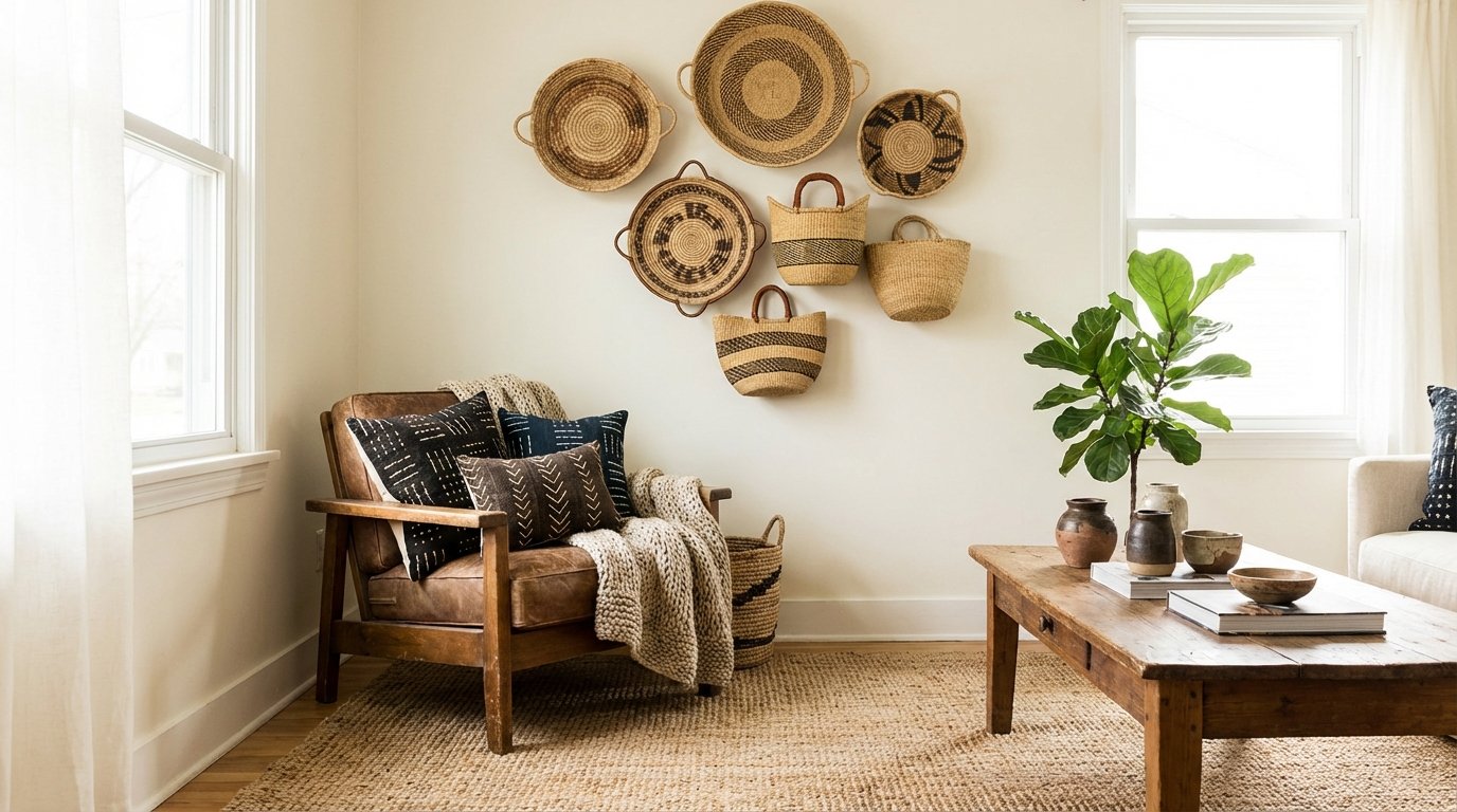 Photorealistic interior: Afrohemian living room with basket wall — 5-7 woven baskets of varying sizes arranged artfully on a warm cream wall.