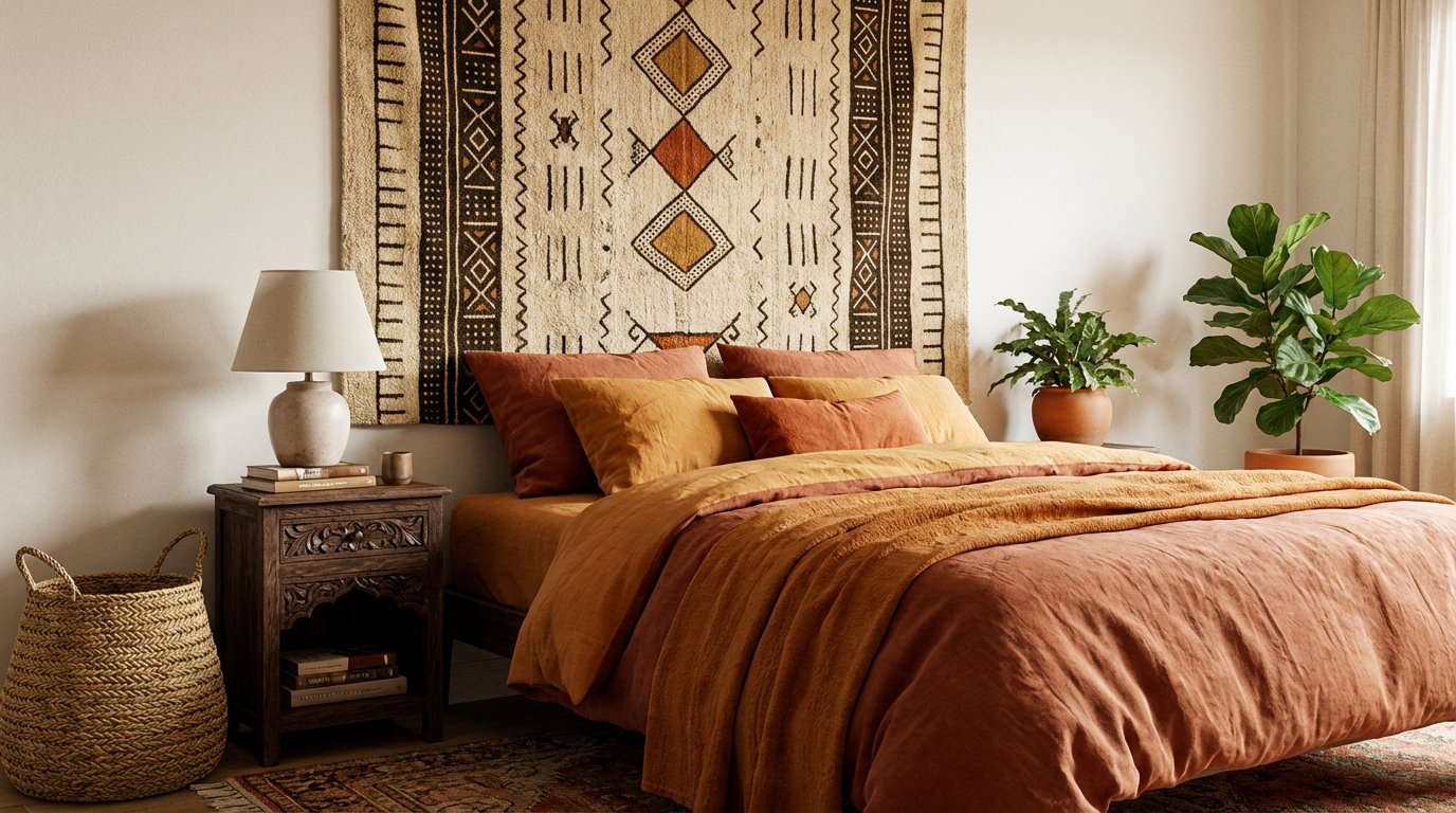 Photorealistic interior: Afrohemian bedroom — textile wall hanging above bed, warm terracotta and amber bedding, carved