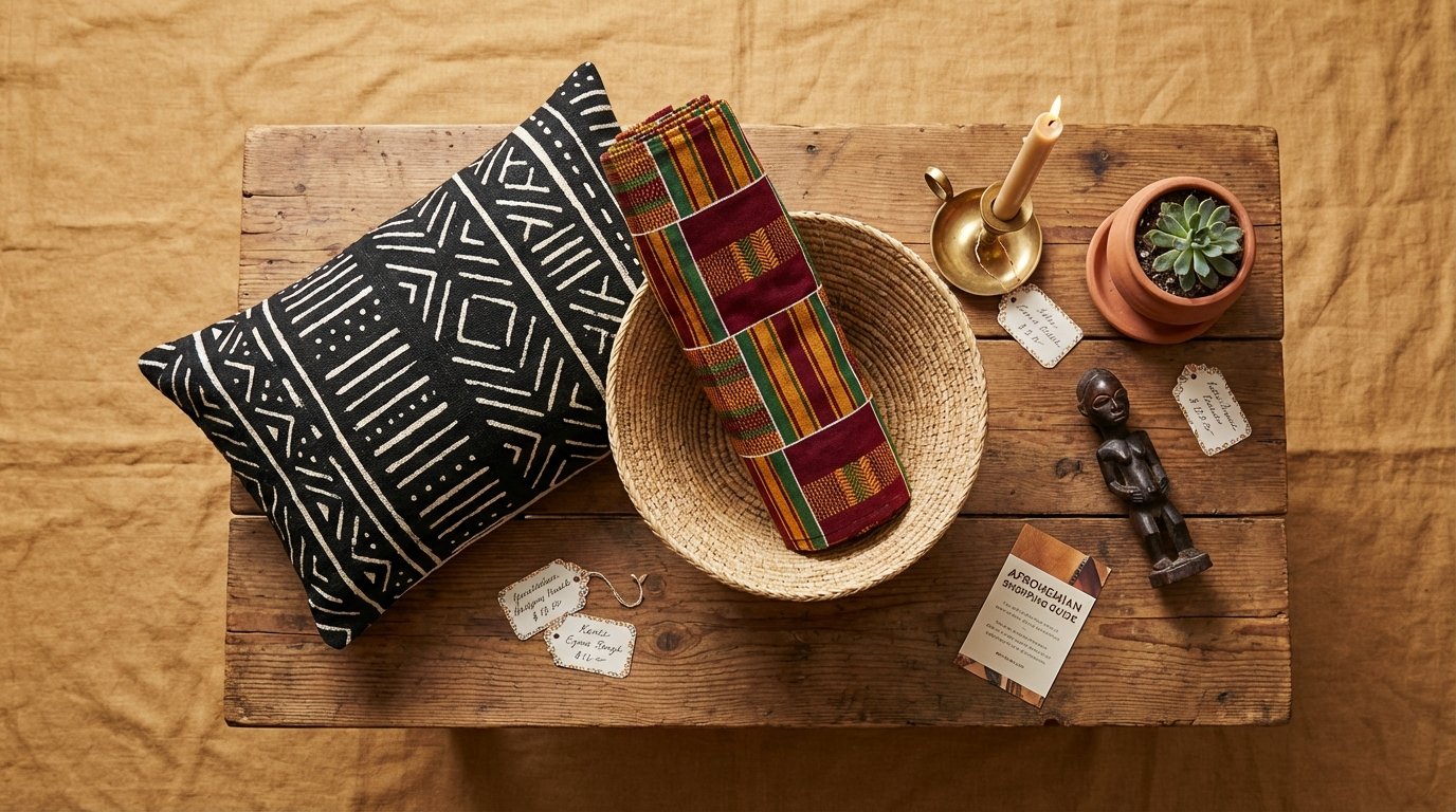 Product flat-lay: Afrohemian shopping guide — mudcloth pillow, brass candle holder, woven basket, kente table runner, carved figure, clay planter.