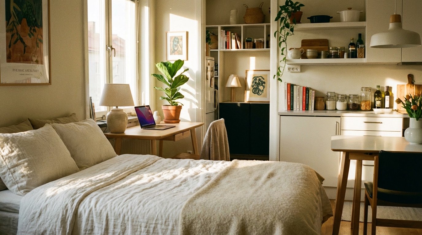 Photorealistic interior photo of a first apartment — small but stylish.