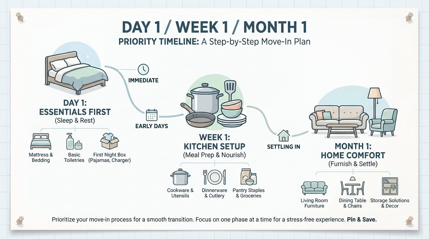 Infographic: Day 1 / Week 1 / Month 1 Priority Timeline — icons for each category (bed for Day 1, kitchen items for Week 1, furniture for Month 1).