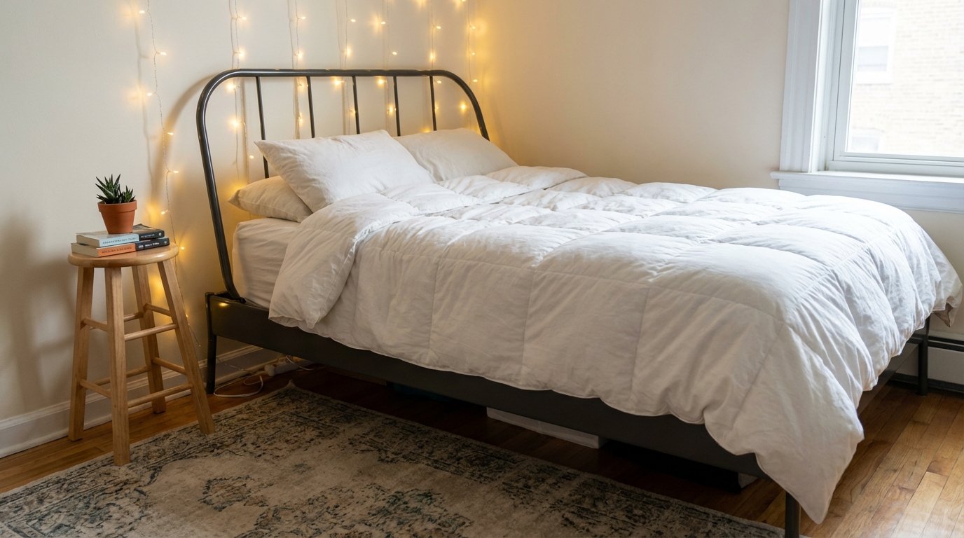 Photorealistic interior: first apartment bedroom — simple bed with white bedding, one nightstand (stool), string lights, small plant, clean and cozy.