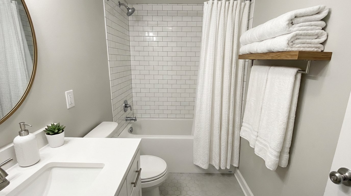 Photorealistic interior: first apartment bathroom — matching white towels, shower curtain, soap dispenser, small plant.