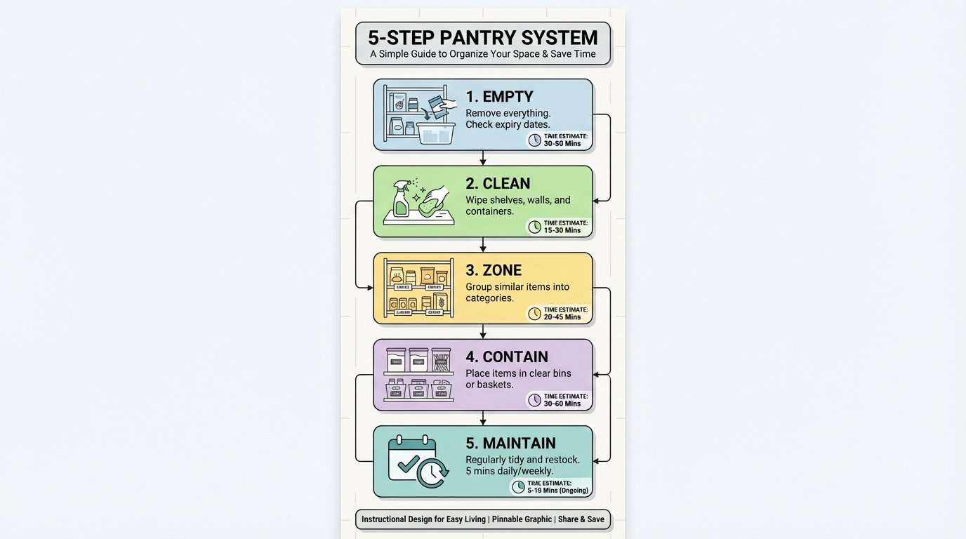 Infographic: 5-Step Pantry System โ clean icons for Empty, Clean, Zone, Contain, Maintain with time estimates.