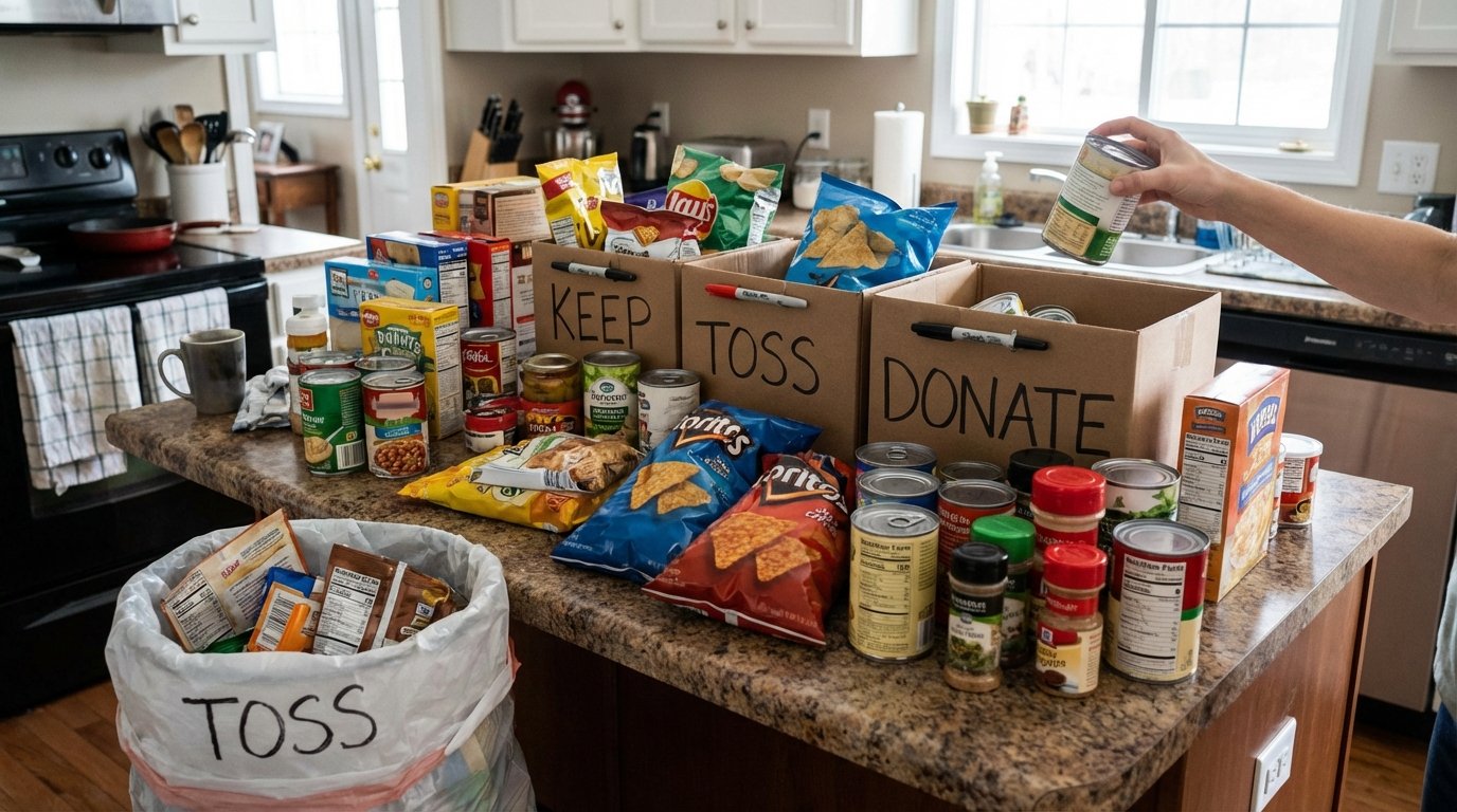 Real photo style: kitchen counter covered with pantry contents being sorted into Keep/Toss/Donate piles.