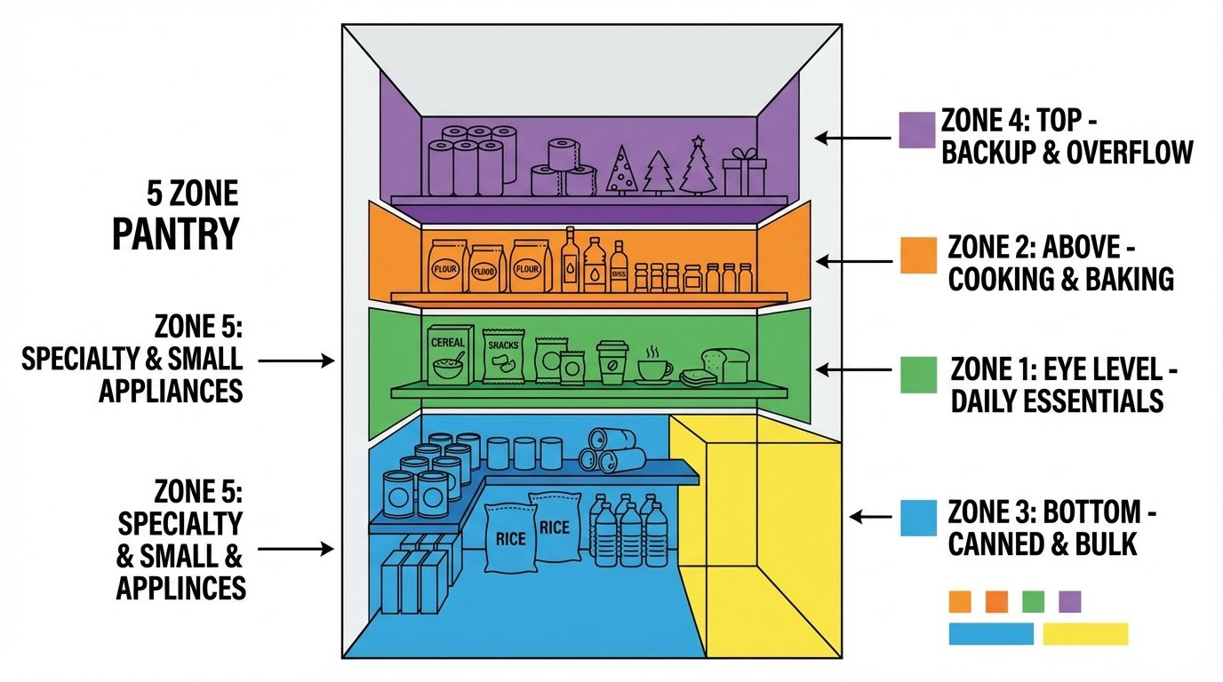 Diagram: 5-Zone Pantry Layout โ color-coded zones showing where each category goes.