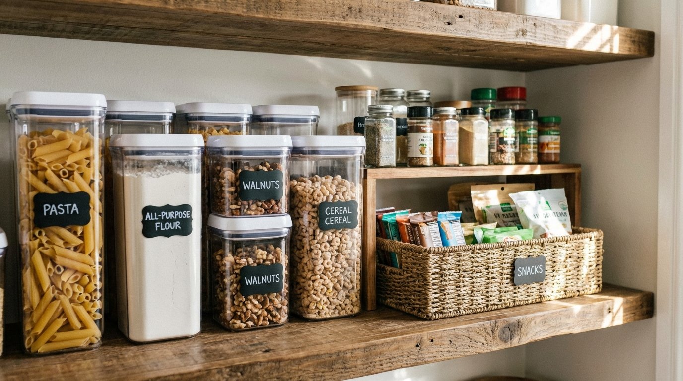 Close-up photorealistic: organized pantry shelf with clear OXO-style containers, chalkboard labels, basket with snacks, shelf riser.